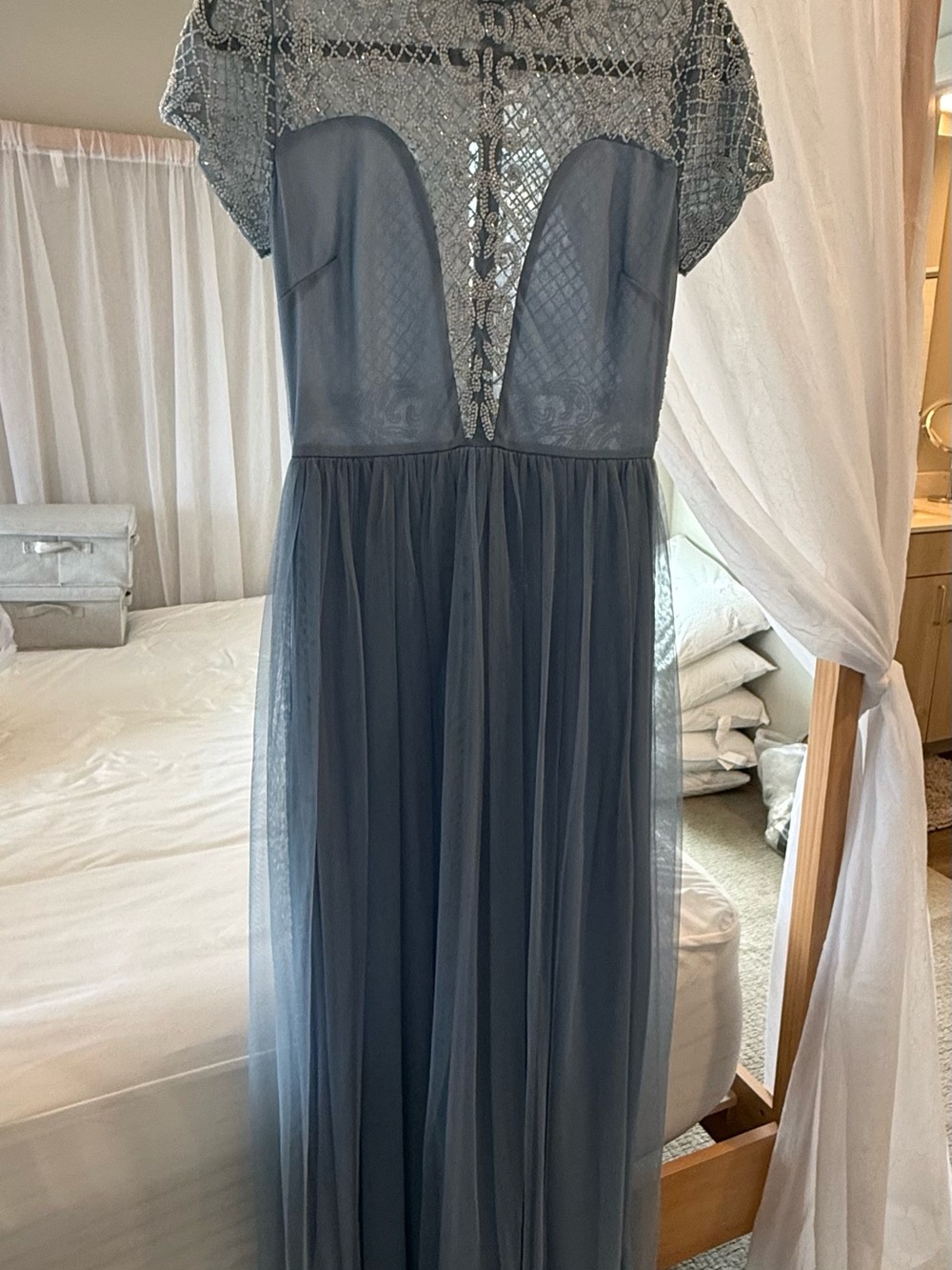 Lace Yoke Tulle Floor LengthDress in Slate Blue